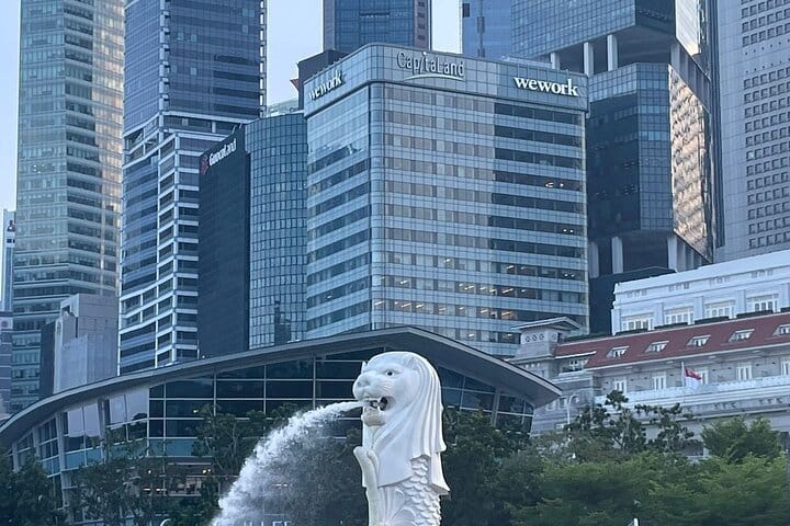 Singapore’s Merlion fountain against the downtown skyline
