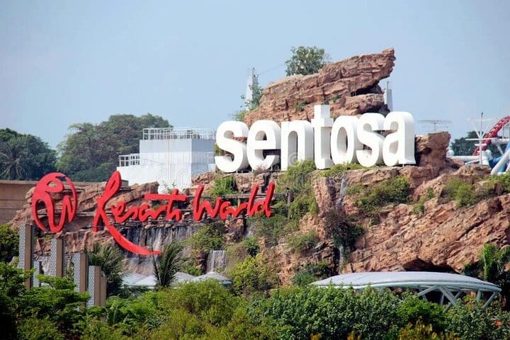 Sentosa and Resorts World Sentosa landmark sign on the island